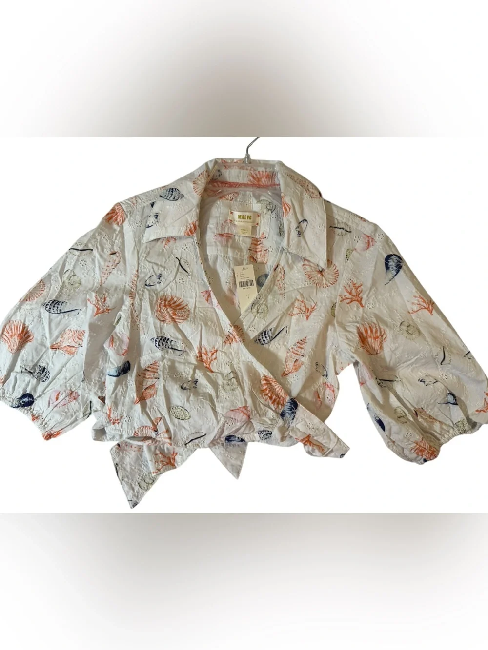 NWT Anthro Maeve White Embroidered Seashells Cropped Top Back Tie Puff Sleeves - Picture 9 of 11